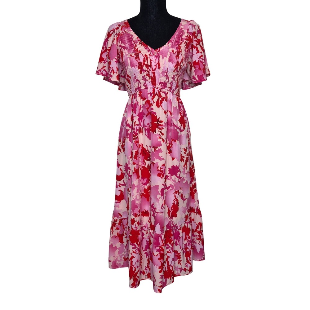 Jodifl Pink Red Floral Smocked Midi Dress Womens Medium Flutter Sleeve G20833-1